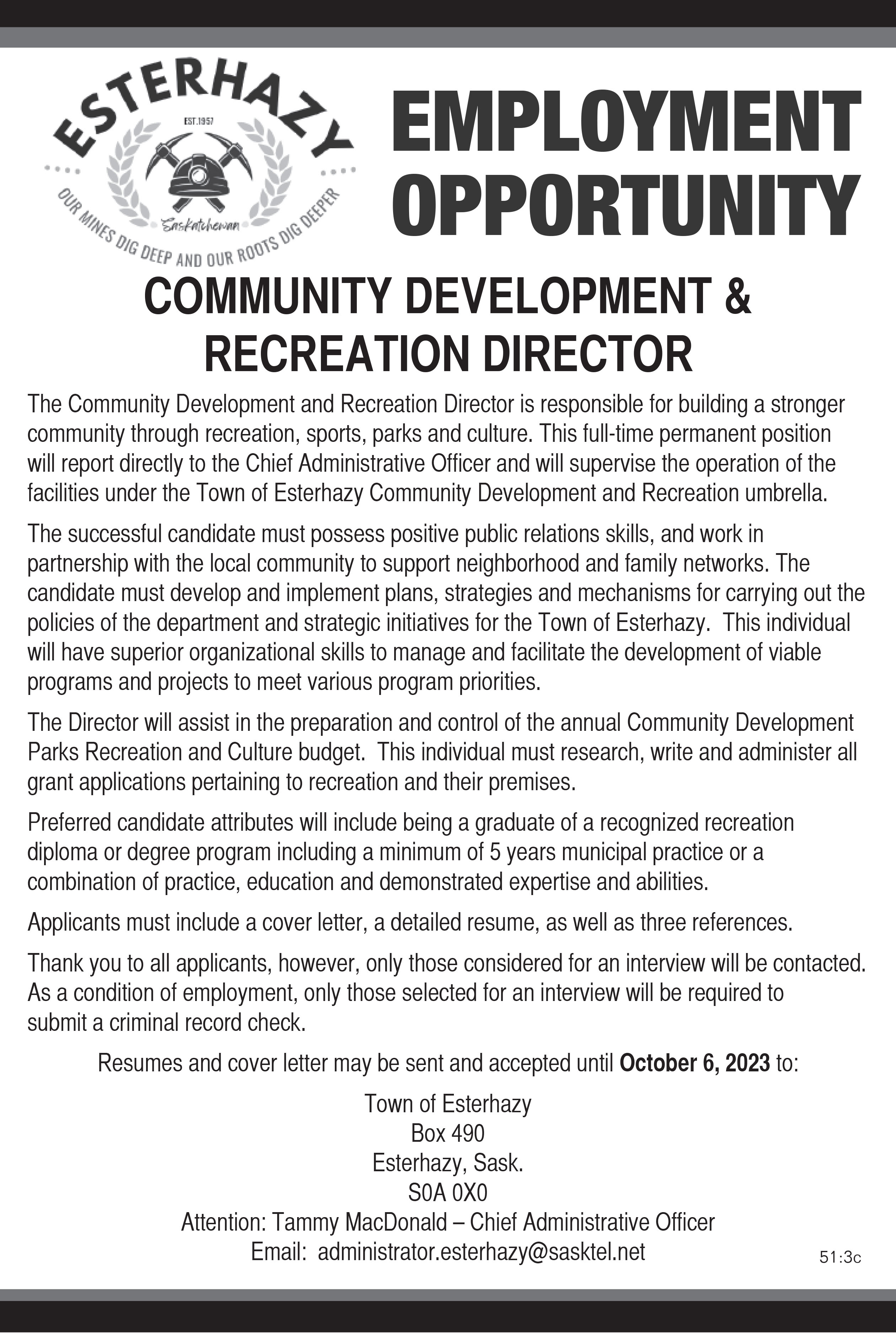 Town of Esterhazy-Esterhazy - Community Development & Recreation Director 